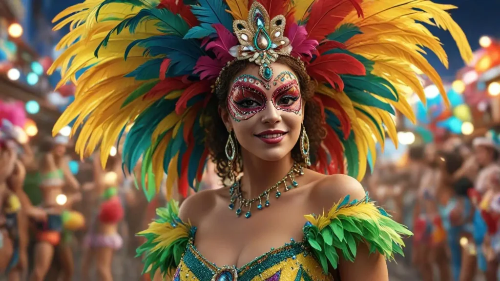 Desfile de Carnaval no Brasil com carros alegóricos coloridos, dançarinos de samba e confetes ao ar.