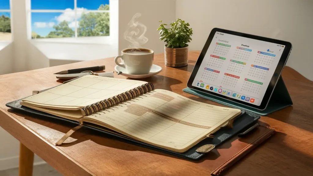 Agenda aberta e tablet com app de calendário sobre mesa com caneca de café e planta ao fundo.