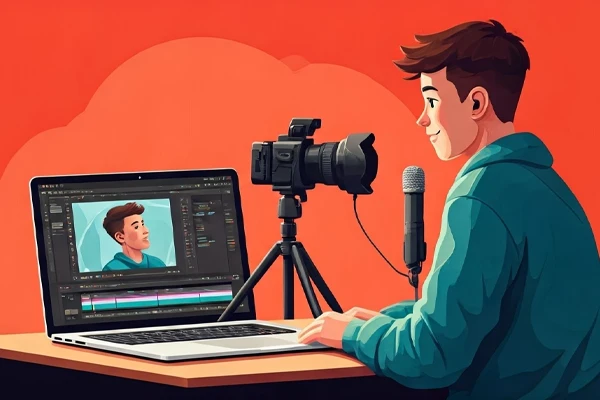 Ilustração de um YouTuber gravando um vídeo com câmera e microfone, exibindo um editor de vídeo na tela.