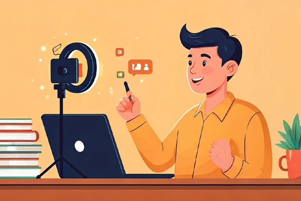 Ilustração de um criador de conteúdo gravando vídeos com um smartphone e luz de ring light.