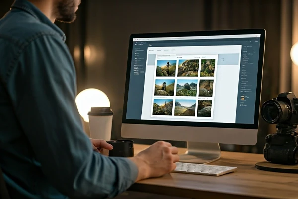 Ilustração de um fotógrafo revisando imagens em um computador, com uma câmera profissional e um site de venda de fotos aberto na tela.