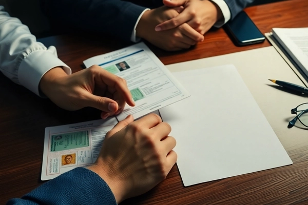 representação de uma mesa de entrevista de emprego com documentos de identificação sobre a mesa